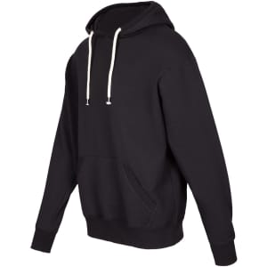 A black hoodie with a front pouch pocket and drawstrings, featuring a logo.