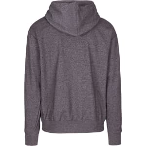 A heather grey men's hoodie with a kangaroo pocket and a hood, featuring a branding logo.