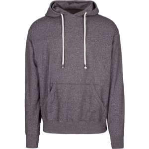 A heather grey hoodie featuring a front pocket and drawstrings on the hood. It has a logo on the front.
