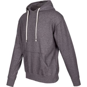 A heather grey hoodie featuring a spacious front pocket and drawstring hood, with a logo on the front.