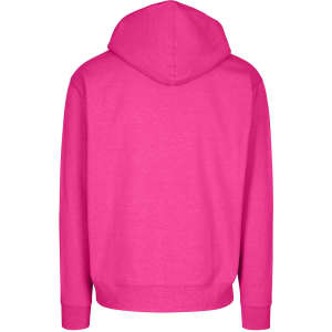 A pink hoodie with a kangaroo pocket and a hood, featuring a simple back design. It has a branding logo.