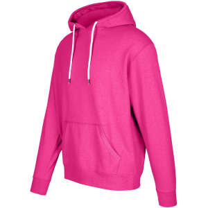 A pink heather hoodie with a front pocket and drawstring hood, featuring a logo.