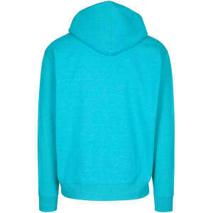 A turquoise hoodie with a drawstring hood, featuring a logo, shown from the back view.