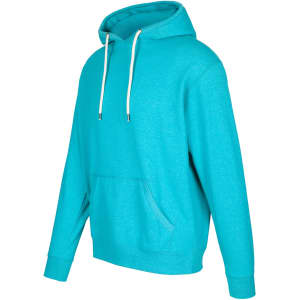 A turquoise heather hoodie with a front pocket and drawstring hood. It features a logo on the chest.