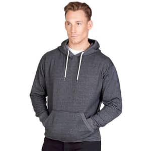 Grey men's hoodie with a front pocket and drawstring hood, featuring a logo on the chest.