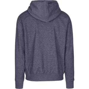A heather grey hoodie with a back view, featuring a hood and a relaxed fit. Includes a small logo on the back.