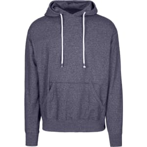A grey heather hoodie featuring a front pocket and drawstring hood, with a logo on the sleeve.