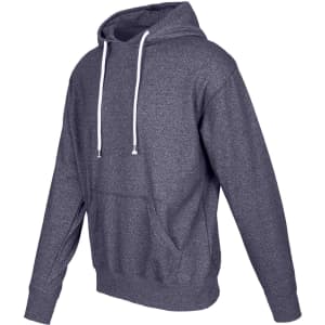 A grey heather hoodie with a front pocket and drawstring hood, featuring a logo on the side.