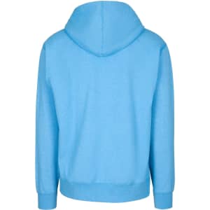 A blue hoodie with a back view, featuring a hood and long sleeves, has a logo on the fabric.