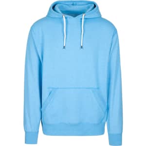 A light blue hoodie featuring a front kangaroo pocket and a drawstring hood, with a logo on the chest.