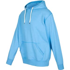 A light blue hoodie with a front pocket and drawstring hood, featuring a branding logo.