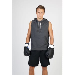 Men's hooded sleeveless hoodie in dark grey, paired with boxing gloves and black shorts, modelled by a young man.