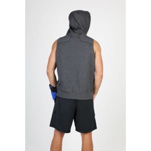 A sleeveless hoodie in dark grey, featuring a hood and a logo, worn with black shorts.