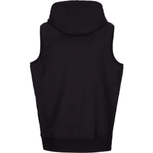 A black sleeveless hoodie with a hood, featuring a simple design and a branded logo.
