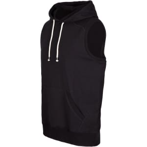 A black sleeveless hoodie featuring a front pocket and drawstring hood. The garment has a branding logo.