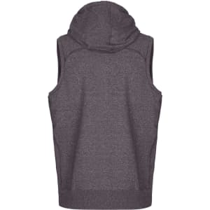 A grey sleeveless hoodie featuring a hood, from the Greatness Range, with a logo on the back.