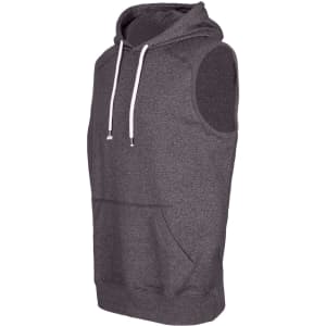 A grey sleeveless hoodie with a front pocket and a hood, featuring a white drawstring and a logo.