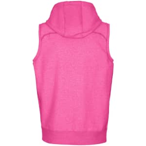A sleeveless pink hoodie with a hood and a fitted waistband, featuring a logo on the back.