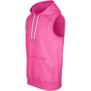 A pink sleeveless hoodie featuring a hood and front pocket, part of the Greatness Range. It has a logo on it.