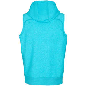A turquoise sleeveless hoodie with a hood and a fitted bottom. It features a logo on the back.