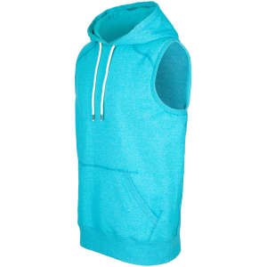 A sleeveless hoodie in vibrant aqua, featuring a front pocket and a hood, with a logo on the chest.