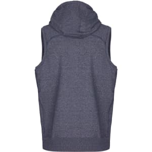 A navy heather sleeveless hoodie with a hood, featuring a branded logo.
