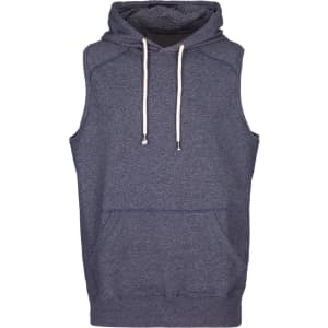 A sleeveless hoodie in a heather navy colour, featuring a front pocket and a contrasting hood. It has a logo.