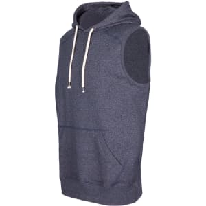 A sleeveless hoodie in a heather navy colour with a front pocket and a hood, featuring drawstrings and a logo.