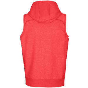 A red sleeveless hoodie featuring a hood and a logo on the back.