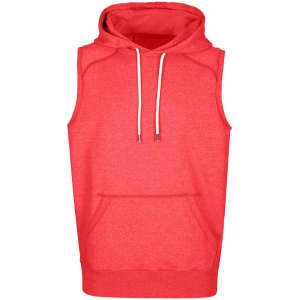 A sleeveless hoodie in a vibrant red colour with a front pocket and a hood. It features a logo on the front.