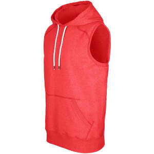 A red sleeveless hoodie featuring a front pocket and a drawstring hood, with branding visible.