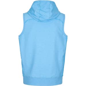 A light blue sleeveless hoodie with a hood and a waistband, featuring a logo on the back.