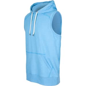 A light blue sleeveless hoodie with a front pocket and a hood, featuring a logo on the front.
