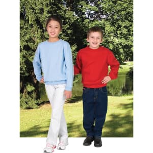 Two children stand outdoors wearing jumpers; one in light blue and the other in red, both with branding.