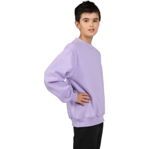 A kids' crew neck jumper in light purple with long sleeves, featuring a logo.