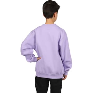 A purple crew neck jumper for kids, featuring long sleeves and a relaxed fit, with a branding logo on the back.