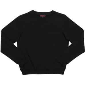 A black crew neck jumper featuring long sleeves and a ribbed hem. It has a logo on the inside.