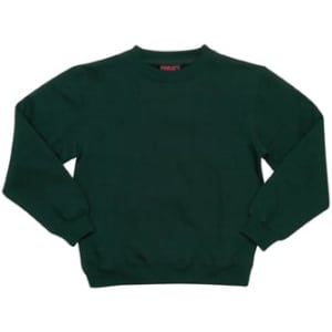 A green kids' crew neck jumper with long sleeves and a tag inside. It features a logo on the tag.