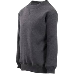 A grey kids' crew neck sloppy joe jumper with a simple design and ribbed cuffs. It features a logo.
