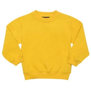 A yellow kids' crew neck jumper with long sleeves and a ribbed cuff. It features a logo on the front.