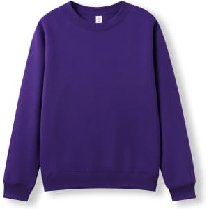 A purple crew neck jumper with long sleeves, featuring a ribbed collar and cuffs. It has a plain design and branding.