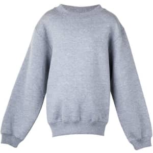 A grey crew neck jumper with long sleeves and a relaxed fit. It features a ribbed neckline and cuffs.
