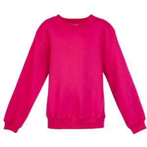 A bright pink crew neck jumper with long sleeves, featuring a simple design and a logo.