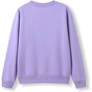 A lavender kids' crew neck sweater with long sleeves and a ribbed neckline. The back view displays a plain design.