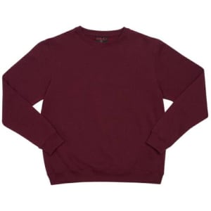 A maroon kids' crew neck jumper with long sleeves and a smooth finish. It features a branded label inside the neck.