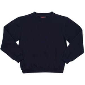 A navy blue crew neck jumper with long sleeves and ribbed cuffs. It has a logo on the inside label.