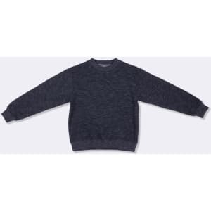 A dark grey crew neck jumper with long sleeves and ribbed cuffs and hem. It features a logo on the neckline.