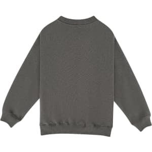 A kids' crew neck jumper in a muted green colour, featuring long sleeves and ribbed cuffs. It has a branding logo.