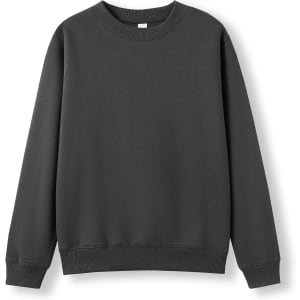 A dark grey kids' crew neck jumper with long sleeves and ribbed cuffs. It has a simple design and features a logo.
