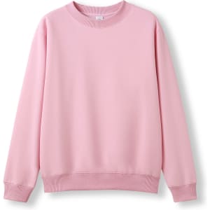 A pink crew neck jumper featuring long sleeves and a ribbed neckline and hem, with a branding logo.